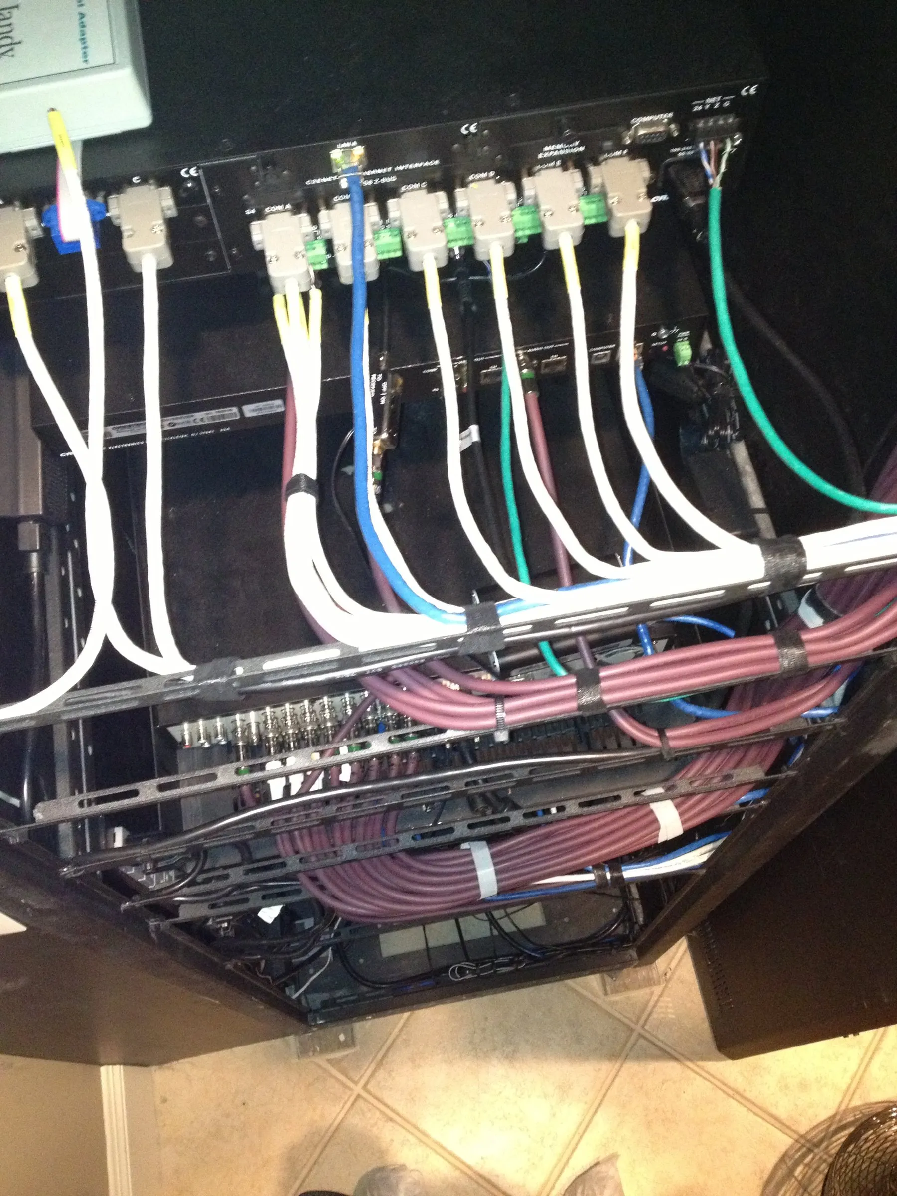 Top of a rack showing control and speaker terminations in neat runs